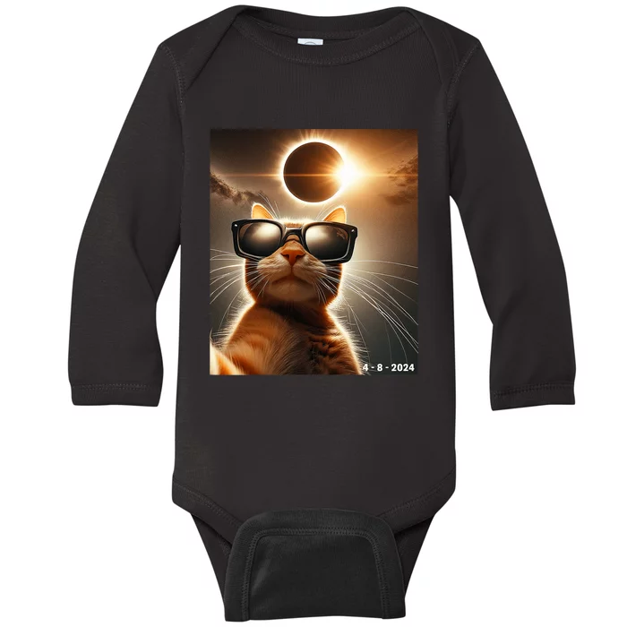 Cat Taking A Selfie With Solar 2024 Eclipse Wearing Glasses Baby Long Sleeve Bodysuit