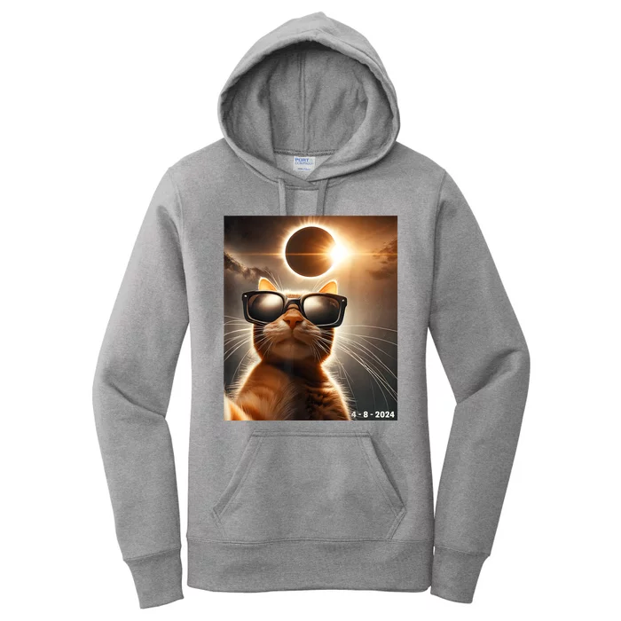 Cat Taking A Selfie With Solar 2024 Eclipse Wearing Glasses Women's Pullover Hoodie