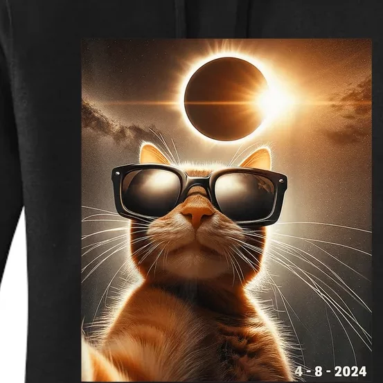 Cat Taking A Selfie With Solar 2024 Eclipse Wearing Glasses Women's Pullover Hoodie