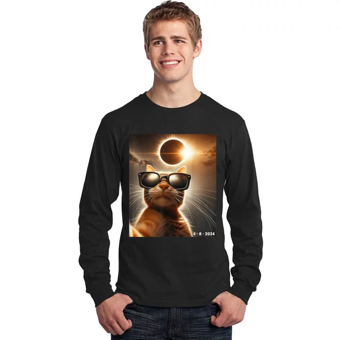 Cat Taking A Selfie With Solar 2024 Eclipse Wearing Glasses Tall Long Sleeve T-Shirt