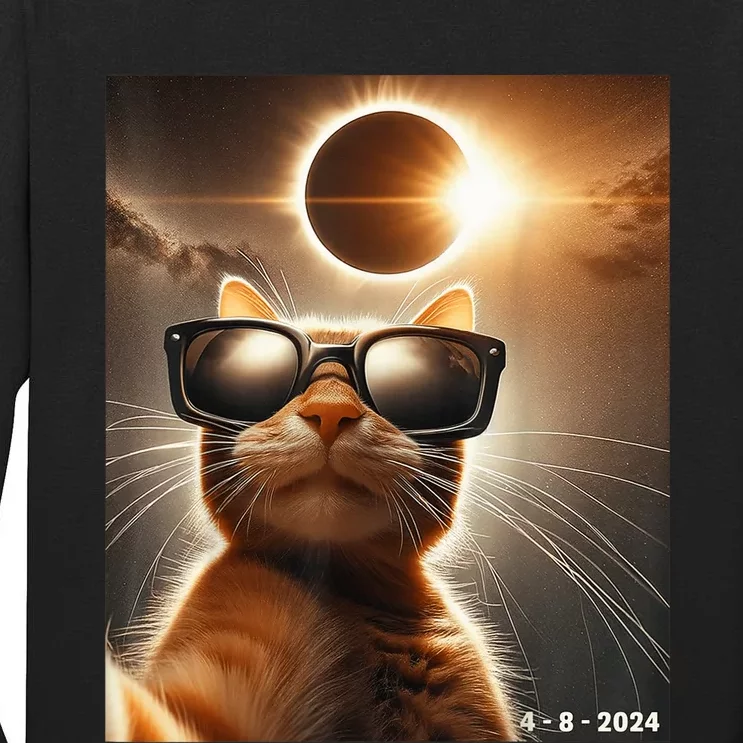 Cat Taking A Selfie With Solar 2024 Eclipse Wearing Glasses Tall Long Sleeve T-Shirt