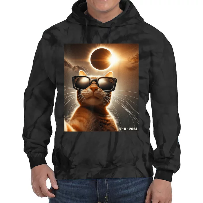 Cat Taking A Selfie With Solar 2024 Eclipse Wearing Glasses Tie Dye Hoodie