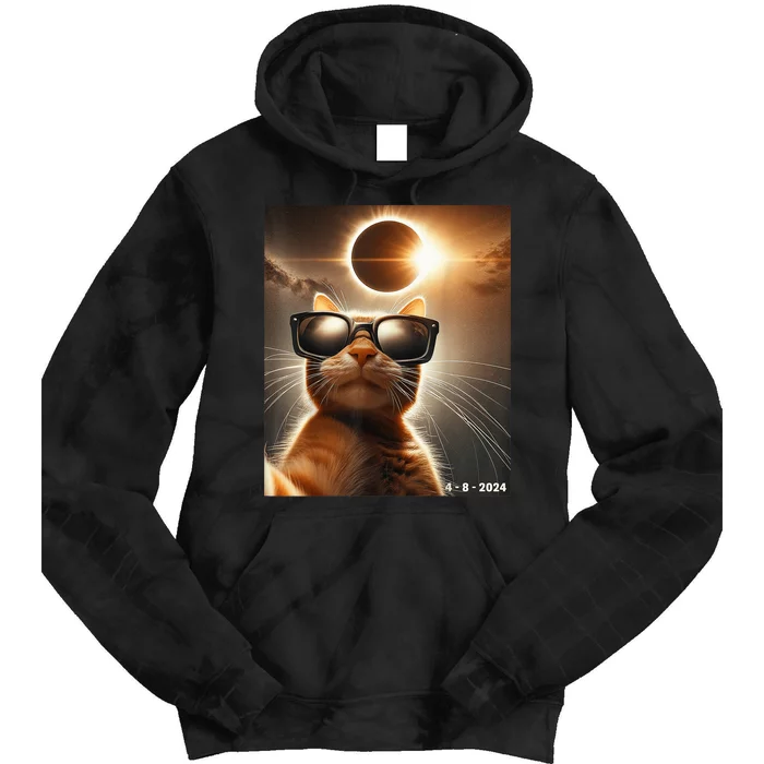 Cat Taking A Selfie With Solar 2024 Eclipse Wearing Glasses Tie Dye Hoodie