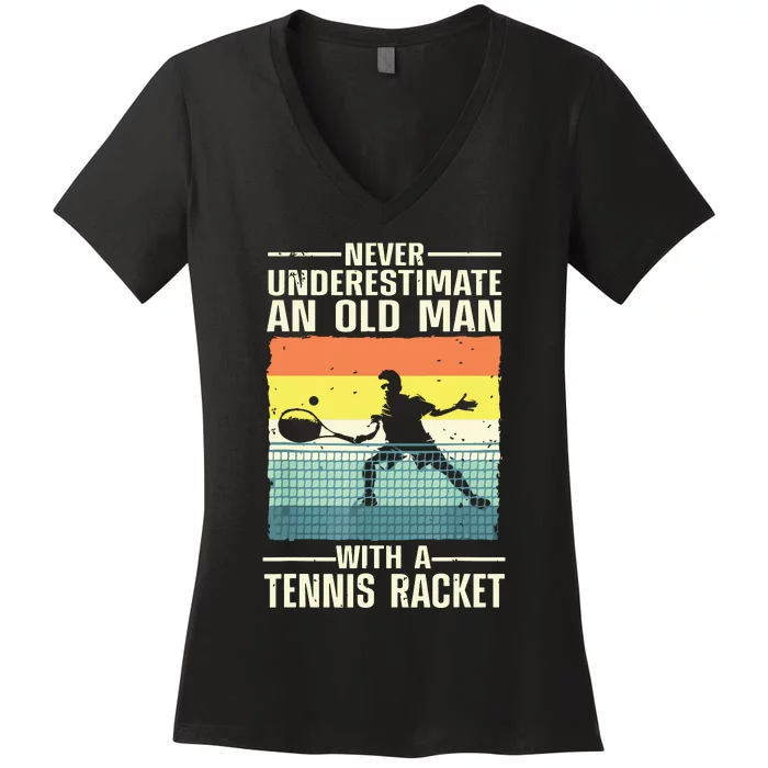 Cool Tennis Art For Grandpa Tennis Player Racket Sport Women's V-Neck T-Shirt