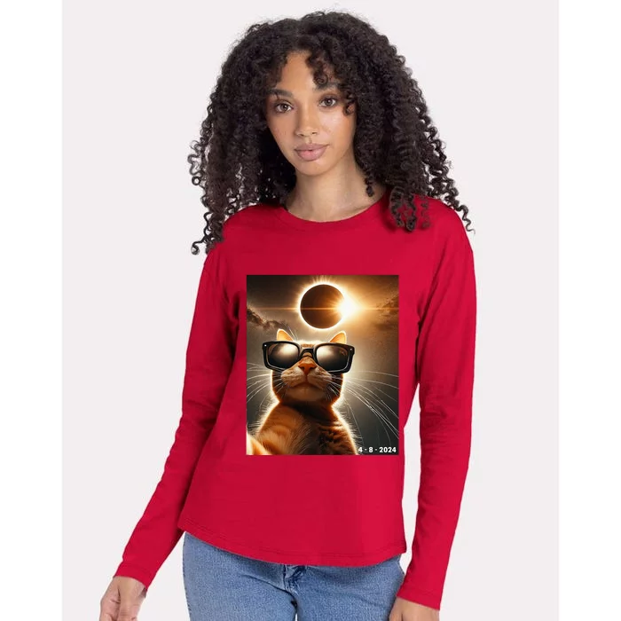 Cat Taking A Selfie With Solar 2024 Eclipse Wearing Glasses Womens Cotton Relaxed Long Sleeve T-Shirt