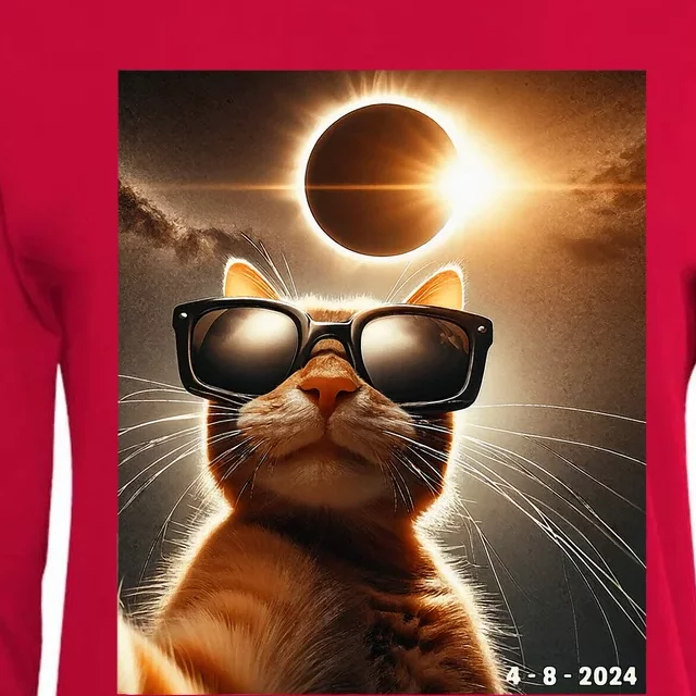 Cat Taking A Selfie With Solar 2024 Eclipse Wearing Glasses Womens Cotton Relaxed Long Sleeve T-Shirt