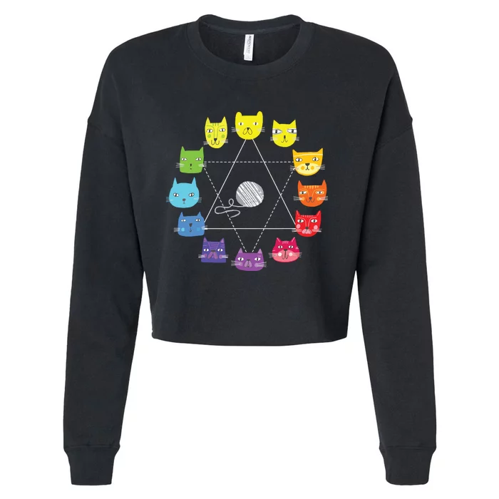 Cat Themed Artist Color Wheel Educational Art Teacher Cropped Pullover Crew