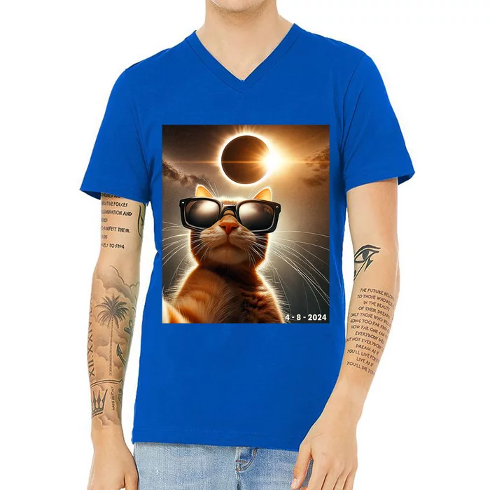 Cat Taking A Selfie With Solar 2024 Eclipse Wearing Glasses V-Neck T-Shirt