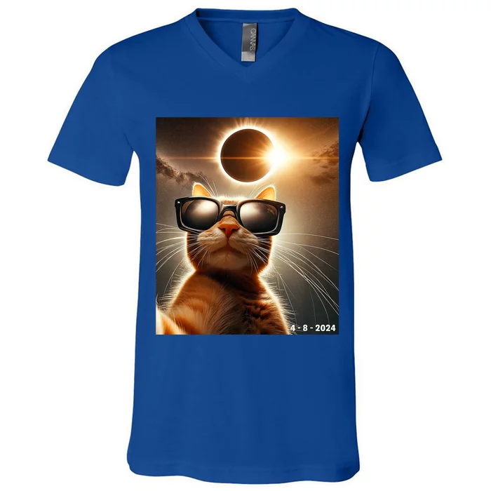 Cat Taking A Selfie With Solar 2024 Eclipse Wearing Glasses V-Neck T-Shirt