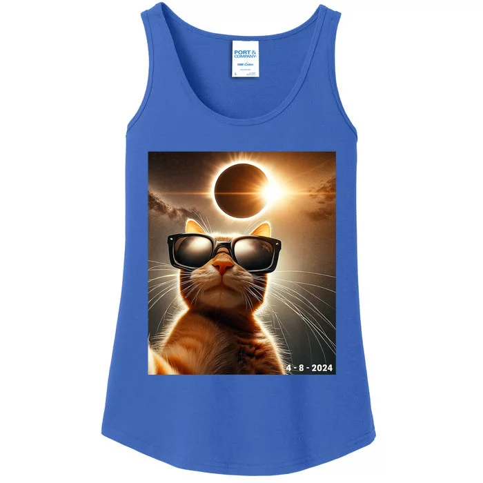 Cat Taking A Selfie With Solar 2024 Eclipse Wearing Glasses Ladies Essential Tank