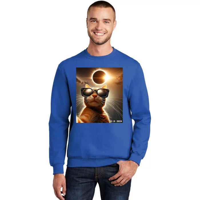 Cat Taking A Selfie With Solar 2024 Eclipse Wearing Glasses Tall Sweatshirt