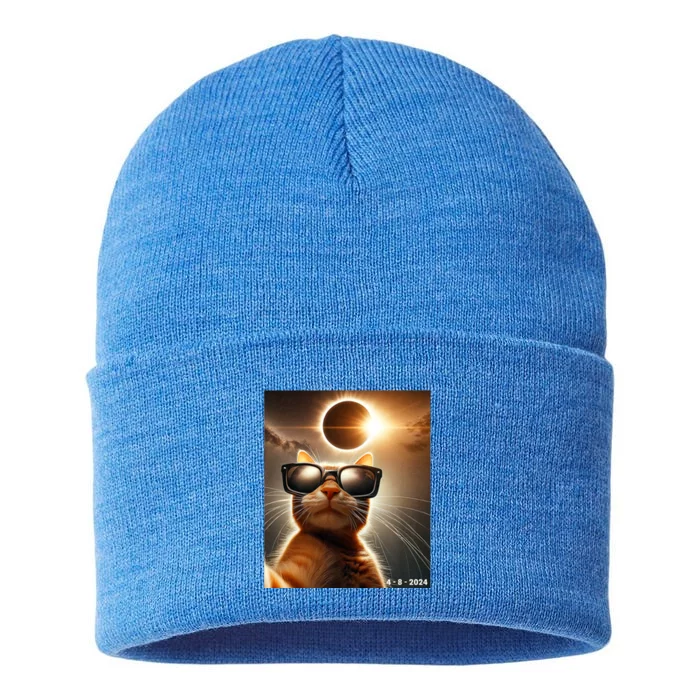 Cat Taking A Selfie With Solar 2024 Eclipse Wearing Glasses Sustainable Knit Beanie