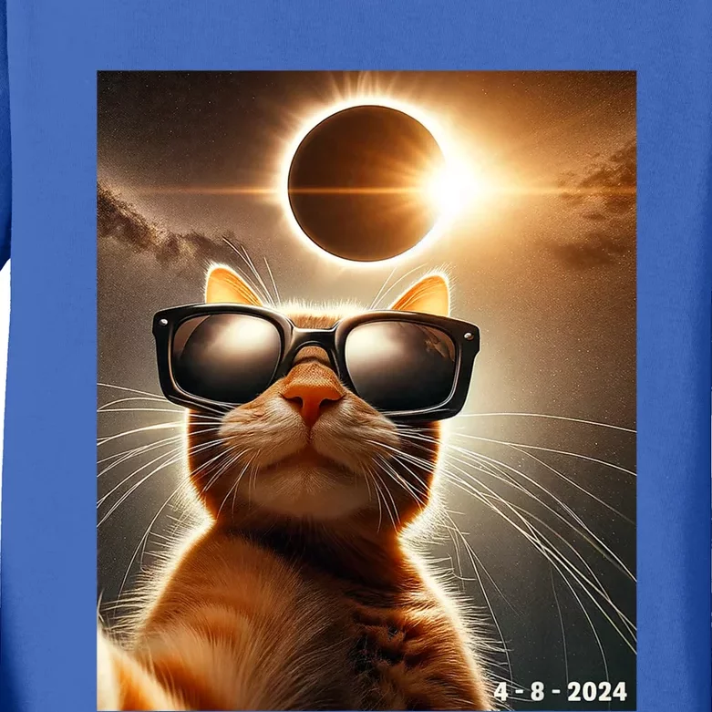 Cat Taking A Selfie With Solar 2024 Eclipse Wearing Glasses Kids Long Sleeve Shirt