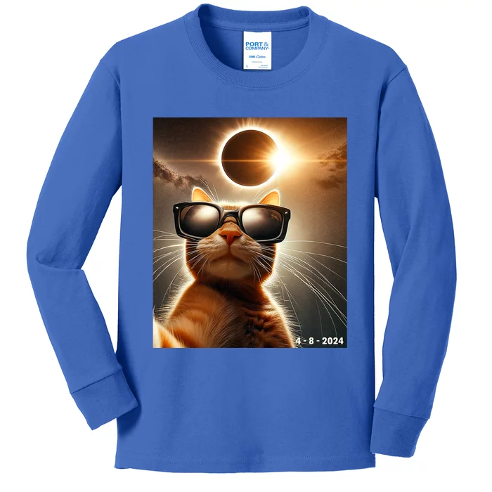 Cat Taking A Selfie With Solar 2024 Eclipse Wearing Glasses Kids Long Sleeve Shirt