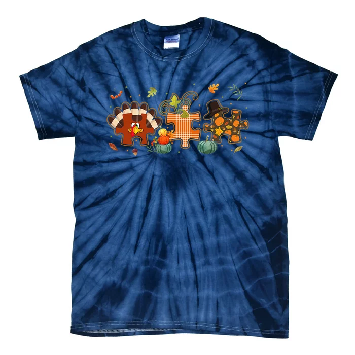 Cute Turkey Autism Awareness Puzzle Pumpkin Thanksgiving Day Tie-Dye T-Shirt