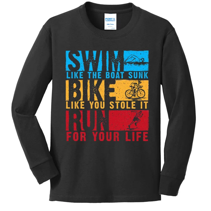 Cool Triathlon Boat Swim Bike Run Triathlete Kids Long Sleeve Shirt