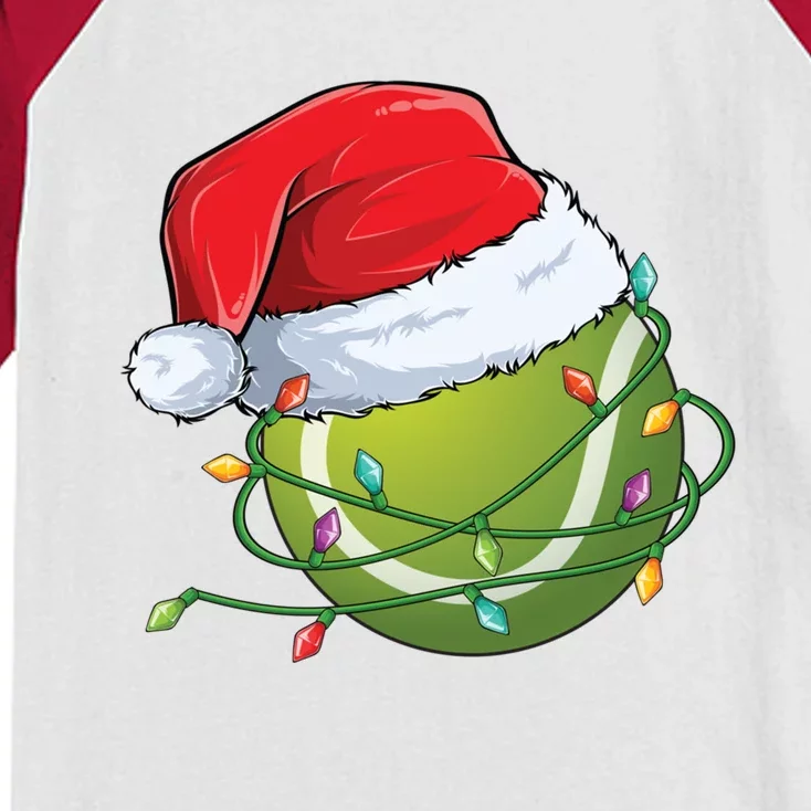 Christmas Tennis Ball In Santa Hat Wrapped In Holiday Lights Kids Colorblock Raglan Jersey