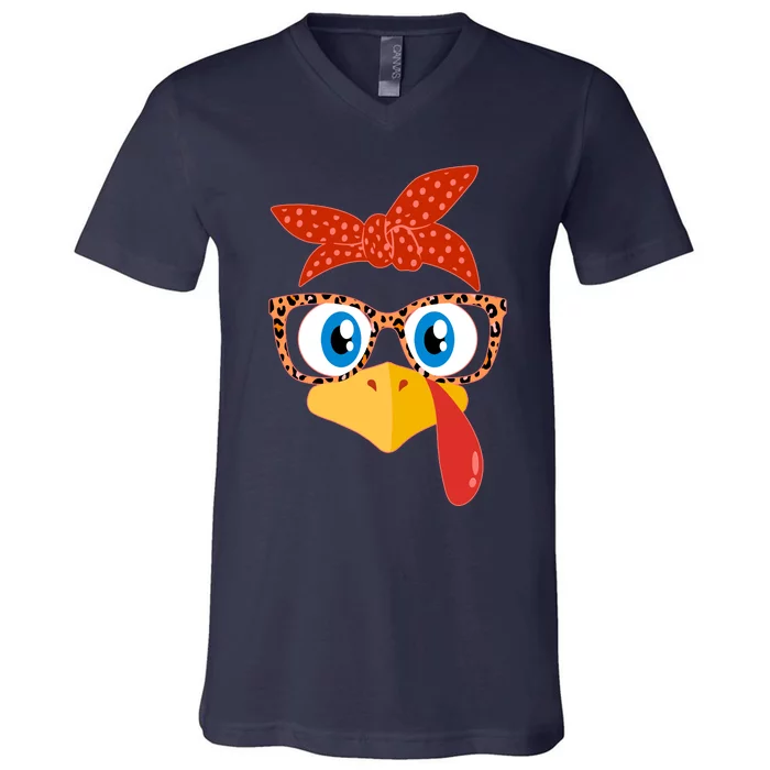 Cute Thanksgiving Bandana Glasses Turkey Girl V-Neck T-Shirt