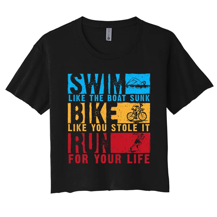 Cool Triathlon Boat Swim Bike Run Triathlete Women's Crop Top Tee