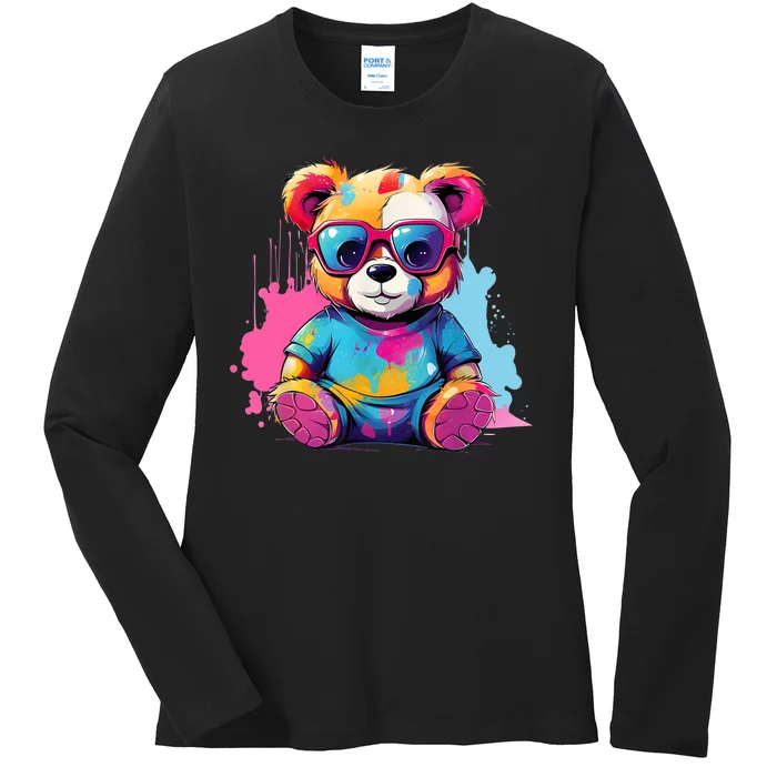 Colorful Teddy Bear Cute Teddy Bear I Teddy Art I Teddy Bear Ladies Long Sleeve Shirt