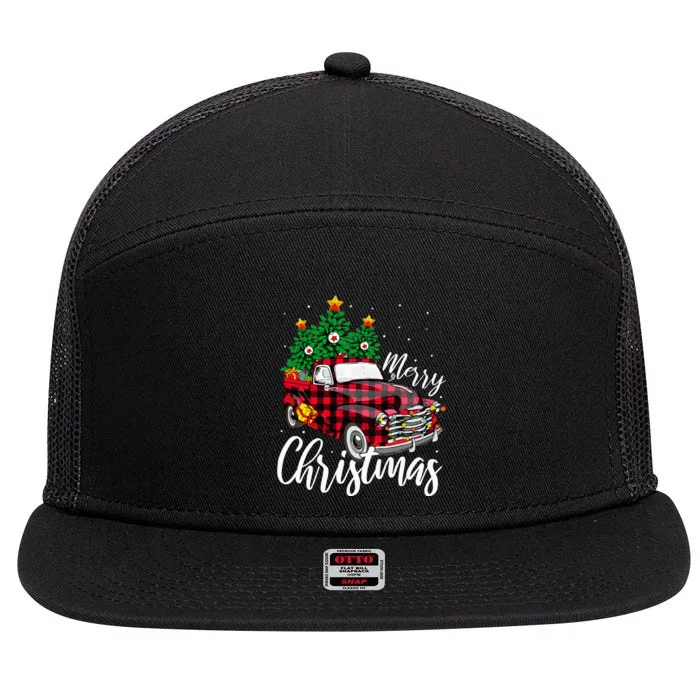 Christmas Tree Buffalo Plaid Red Truck family 7 Panel Mesh Trucker Snapback Hat