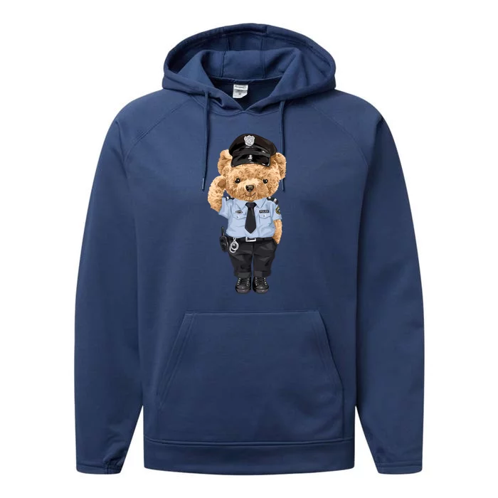 Cute Teddy Bear In Police Uniform Performance Fleece Hoodie