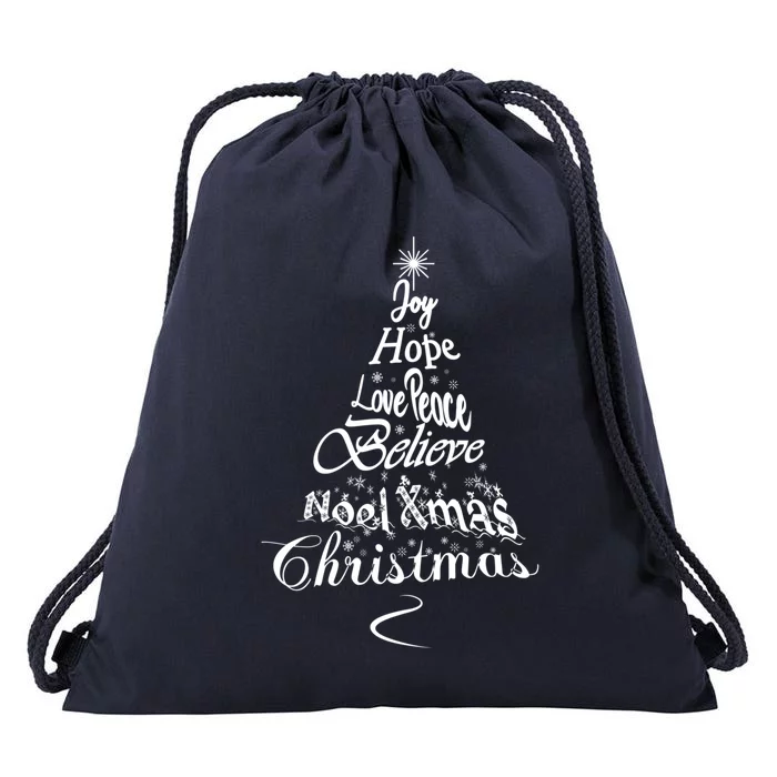 Christmas Tree Believe Joy Hope Love Peace Noel Gift Wordcloud Gift Drawstring Bag