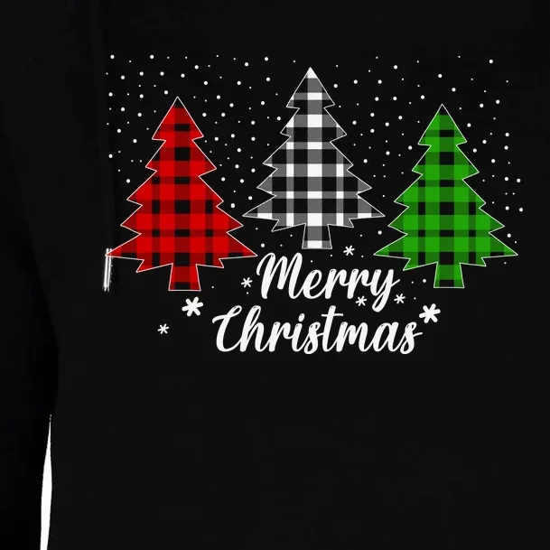 Christmas Tree Buffalo Plaid Merry Christmas Calligraphy Womens Funnel Neck Pullover Hood