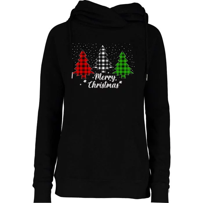 Christmas Tree Buffalo Plaid Merry Christmas Calligraphy Womens Funnel Neck Pullover Hood