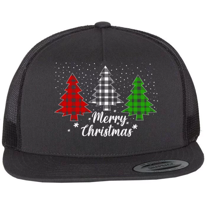 Christmas Tree Buffalo Plaid Merry Christmas Calligraphy Flat Bill Trucker Hat