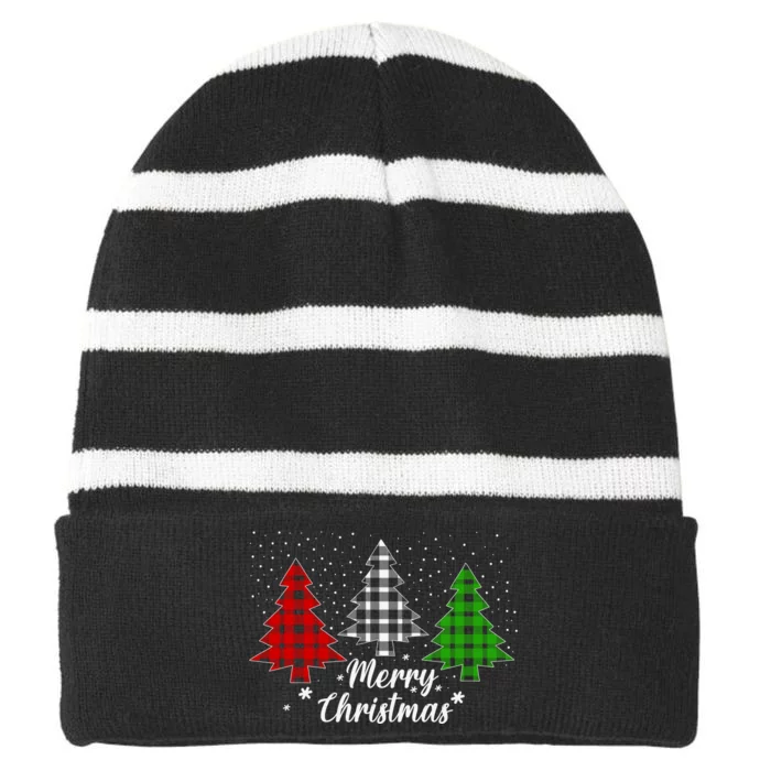 Christmas Tree Buffalo Plaid Merry Christmas Calligraphy Striped Beanie with Solid Band