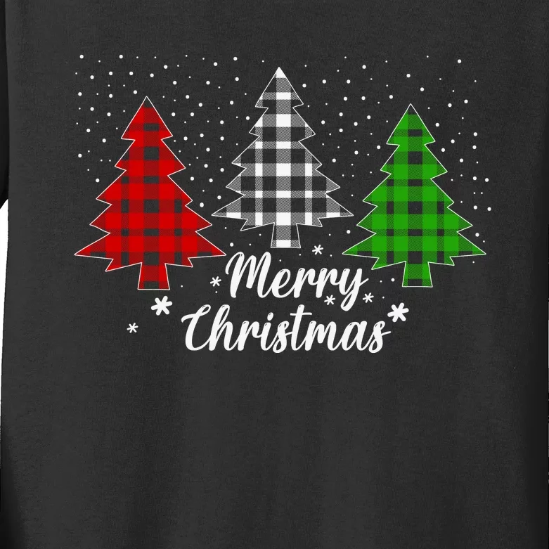 Christmas Tree Buffalo Plaid Merry Christmas Calligraphy Kids Long Sleeve Shirt