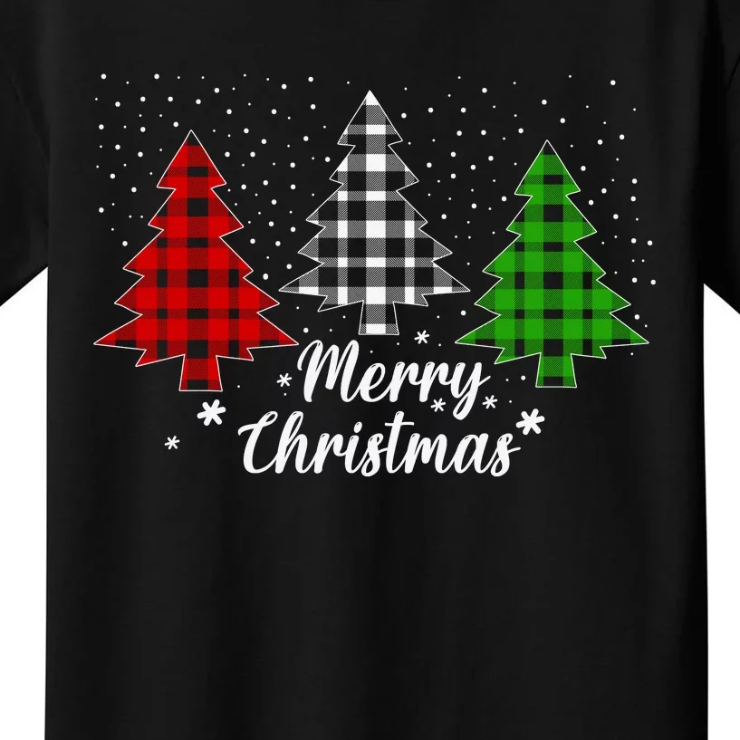 Christmas Tree Buffalo Plaid Merry Christmas Calligraphy Kids T-Shirt