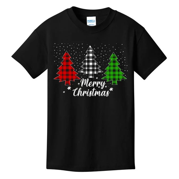 Christmas Tree Buffalo Plaid Merry Christmas Calligraphy Kids T-Shirt