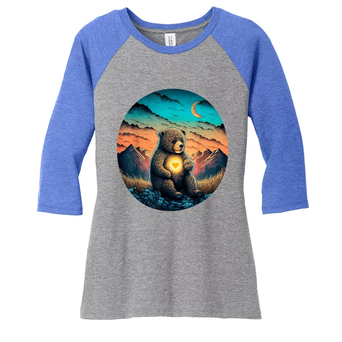 Cute Teddy Bear Sunset Mountains Vintage Women's Tri-Blend 3/4-Sleeve Raglan Shirt