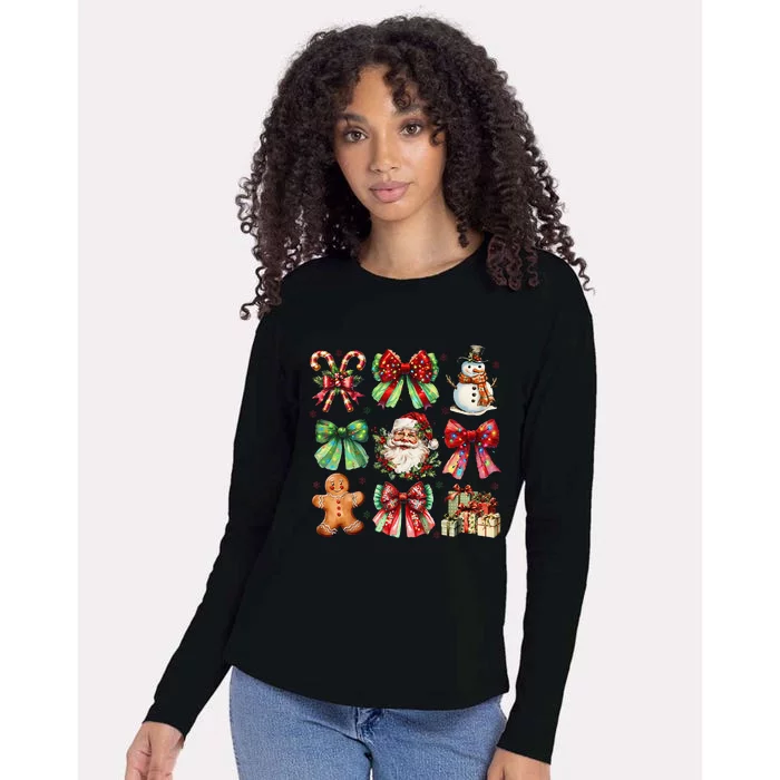 Christmas Tree Coquette Bow Snowman Santa Claus Womens Cotton Relaxed Long Sleeve T-Shirt