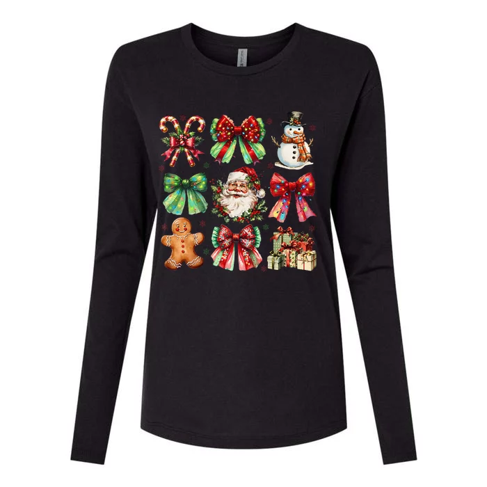 Christmas Tree Coquette Bow Snowman Santa Claus Womens Cotton Relaxed Long Sleeve T-Shirt