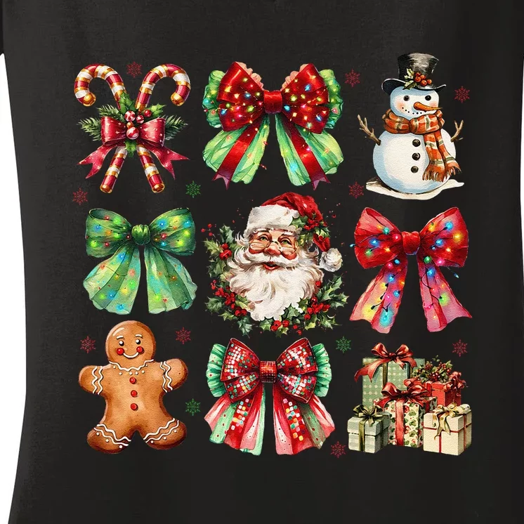 Christmas Tree Coquette Bow Snowman Santa Claus Women's V-Neck T-Shirt