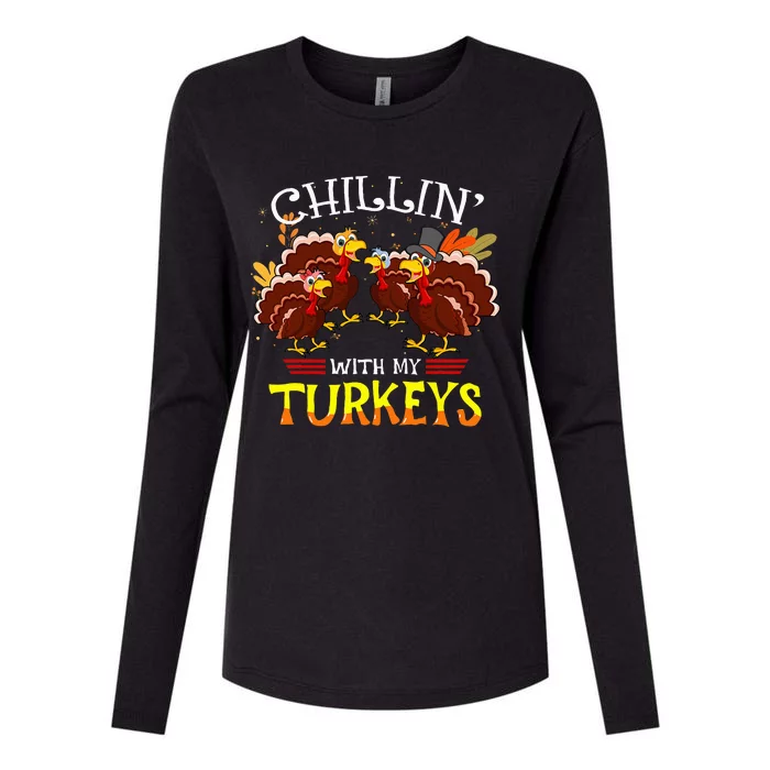 Cute Turkey Chillin With My Turkeys Thanksgiving Womens Cotton Relaxed Long Sleeve T-Shirt