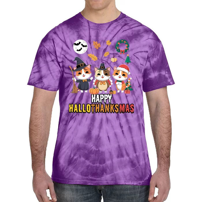 Cat Thanksgiving Christmas Halloween Happy Hallothanksmas Tie-Dye T-Shirt