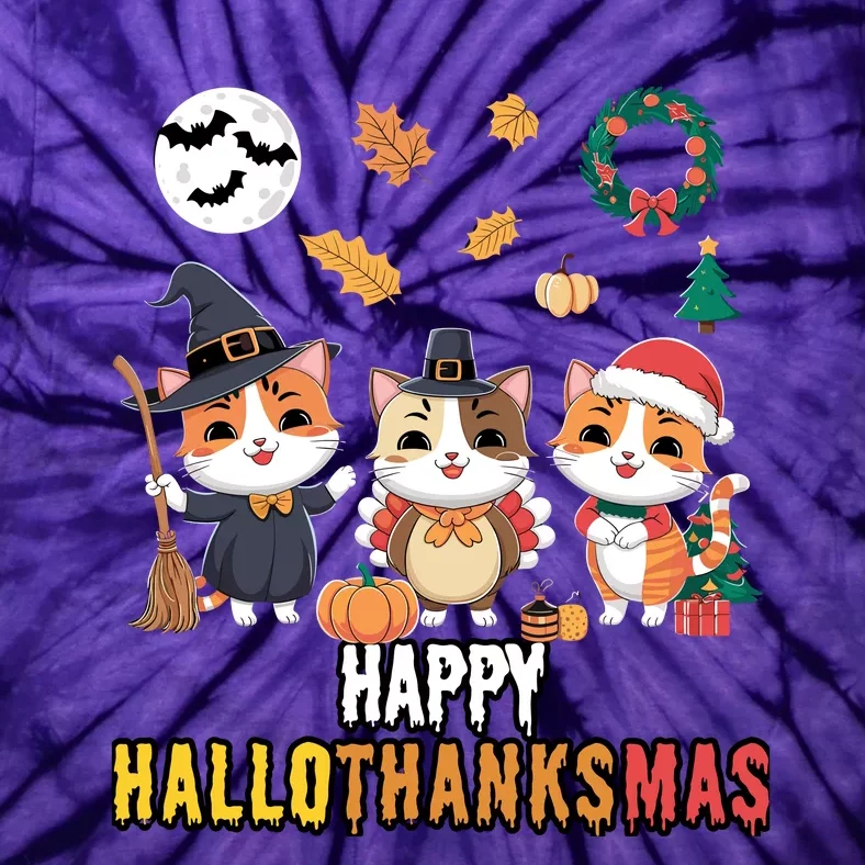 Cat Thanksgiving Christmas Halloween Happy Hallothanksmas Tie-Dye T-Shirt