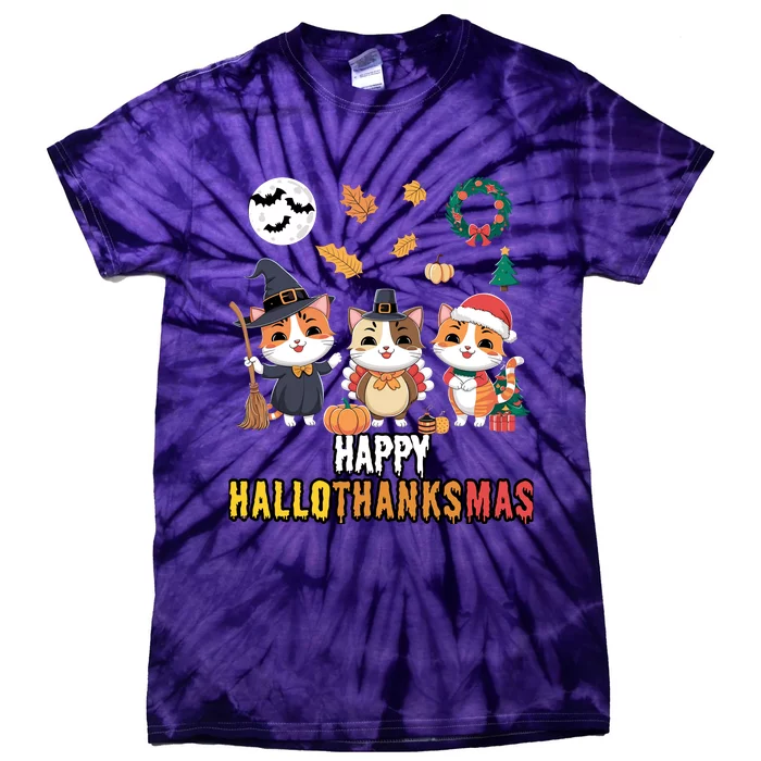 Cat Thanksgiving Christmas Halloween Happy Hallothanksmas Tie-Dye T-Shirt