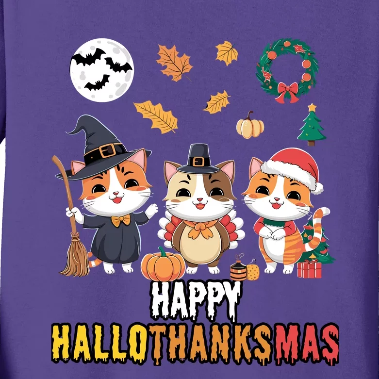 Cat Thanksgiving Christmas Halloween Happy Hallothanksmas Kids Long Sleeve Shirt