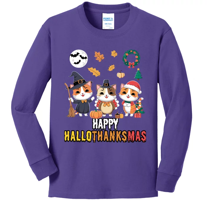 Cat Thanksgiving Christmas Halloween Happy Hallothanksmas Kids Long Sleeve Shirt