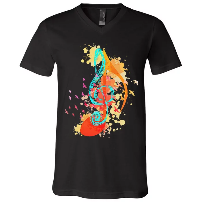 Colorful Treble Clef Music Theory Musician Teacher Birds V-Neck T-Shirt