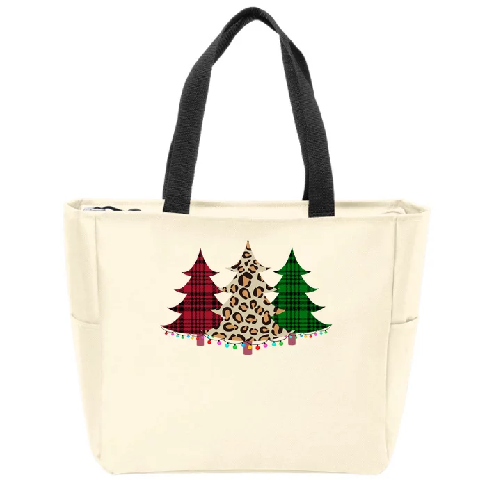 Christmas Tree Cheetah Plaid Zip Tote Bag