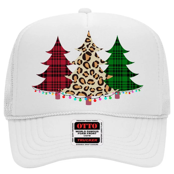 Christmas Tree Cheetah Plaid High Crown Mesh Trucker Hat