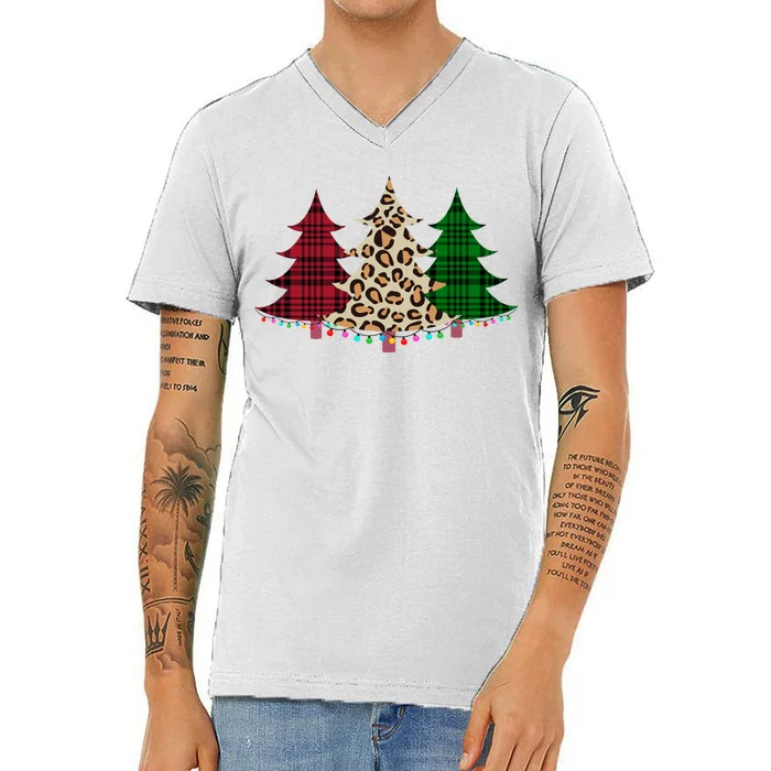 Christmas Tree Cheetah Plaid V-Neck T-Shirt