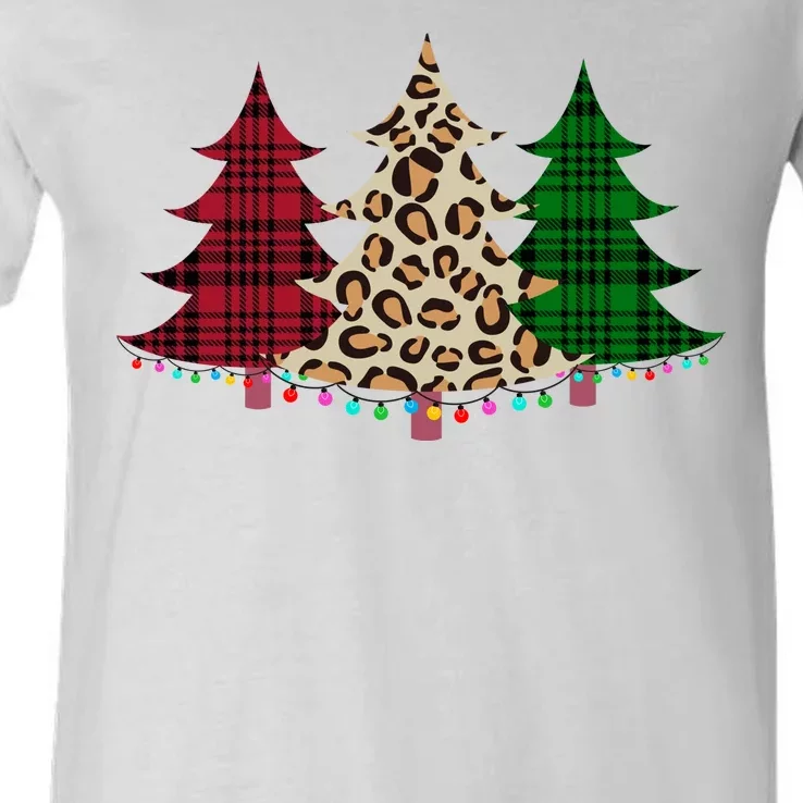 Christmas Tree Cheetah Plaid V-Neck T-Shirt