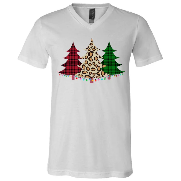 Christmas Tree Cheetah Plaid V-Neck T-Shirt